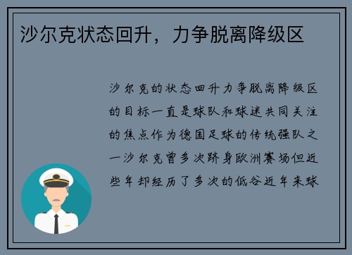 沙尔克状态回升，力争脱离降级区